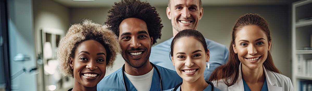 Healthcare professionals that were hired via a locum tenens staffing service smiling while working a shift at the hospital.