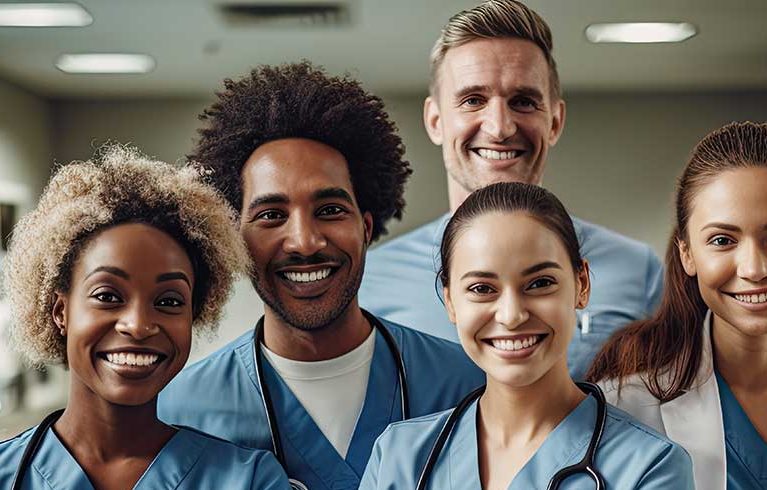 Healthcare professionals that were hired via a locum tenens staffing service smiling while working a shift at the hospital.