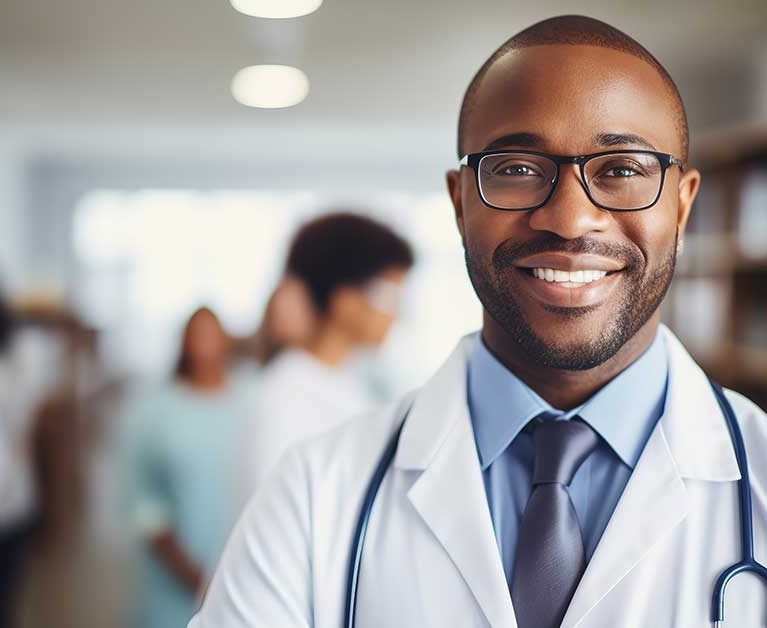 Physician smiling and standing in a hospital with other healthcare professionals in the background