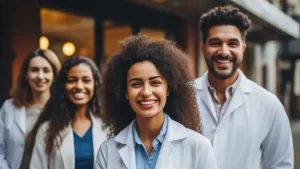 Group of locum tenens physicians all smiling in front of a building