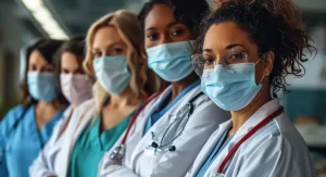 Locum tenens physician working at a hospital while wearing masks