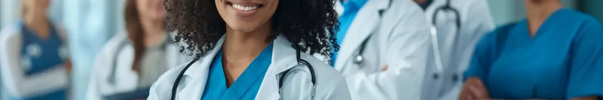 Group of locum tenens physicians standing in a hospital smiling