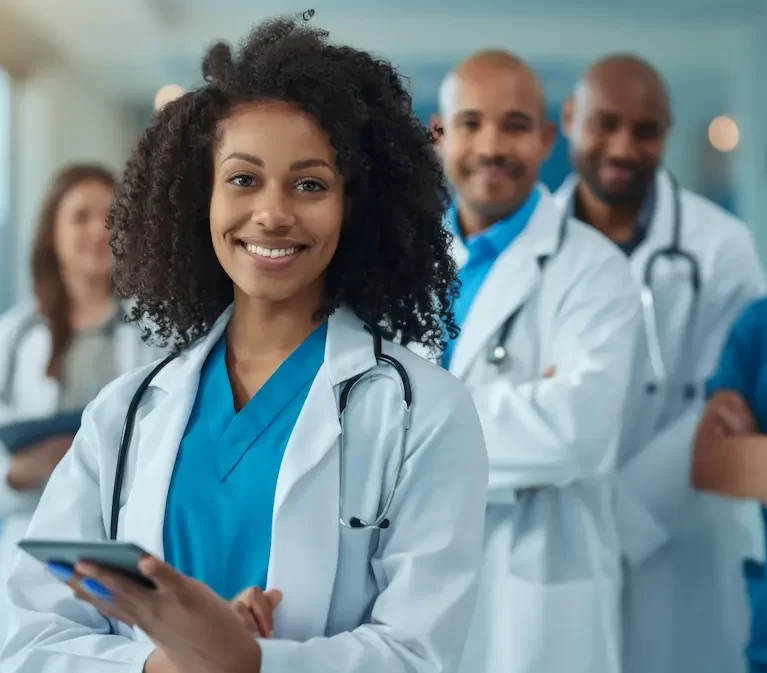 Group of locum tenens physicians standing in a hospital smiling