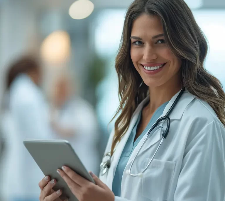 Locum tenens hospitalist smiling and holding a tablet while working at a hospital