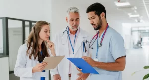 Group of locum tenens professionals looking at charts while at the hospital